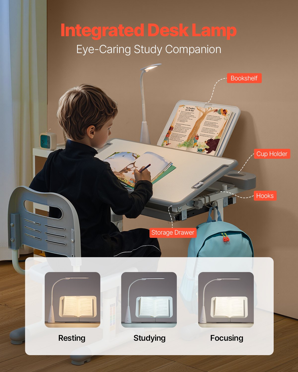 VEVOR Kids Study Chair and Desk Set, Study Desk and Chair for Kids with Table Lamp, Adjustable Height & 0-40° Tilted Desktop Kids Desk and Chair, Children Study Table for Bedroom & Study Room, Grey