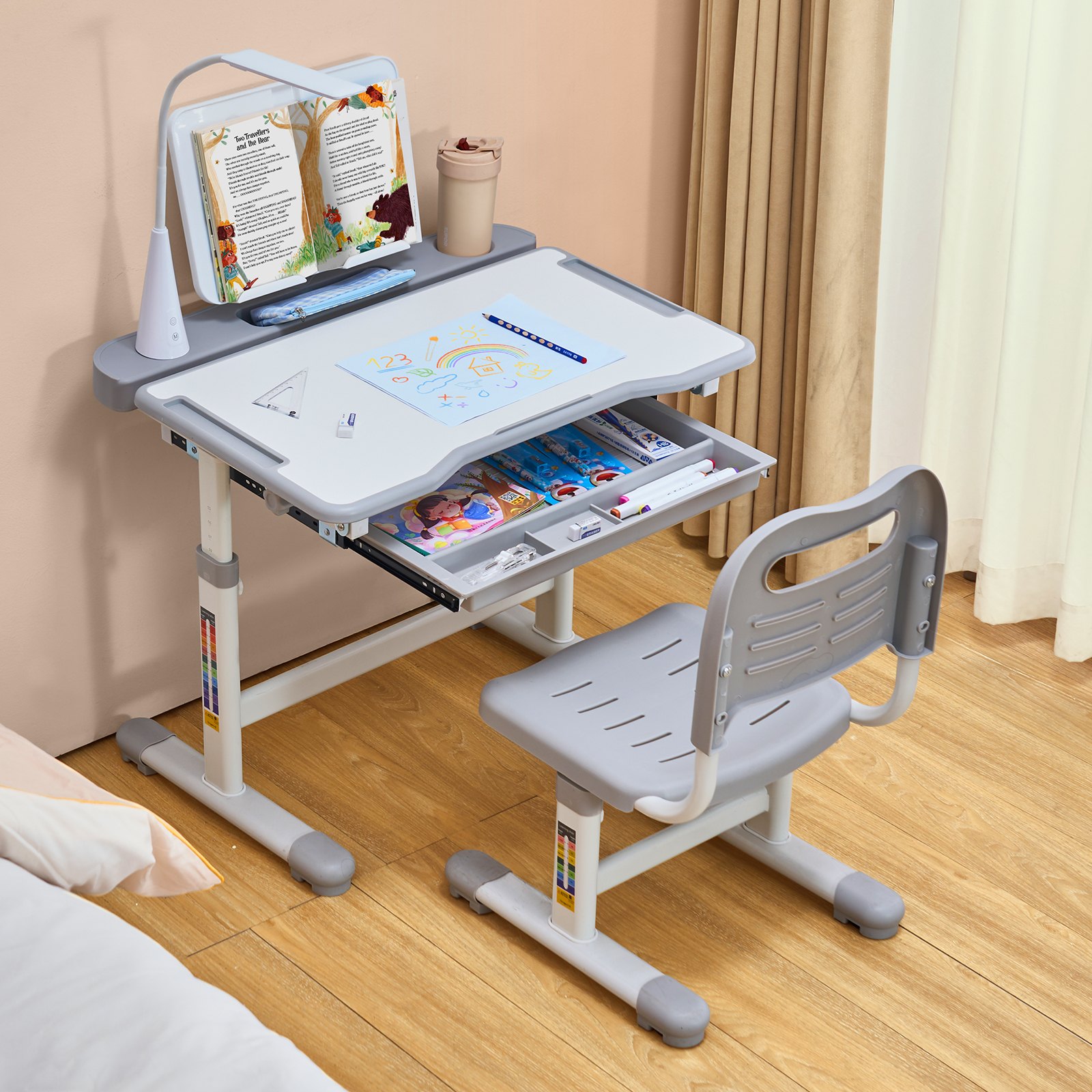 VEVOR Kids Study Chair and Desk Set, Study Desk and Chair for Kids with Table Lamp, Adjustable Height & 0-40° Tilted Desktop Kids Desk and Chair, Children Study Table for Bedroom & Study Room, Grey