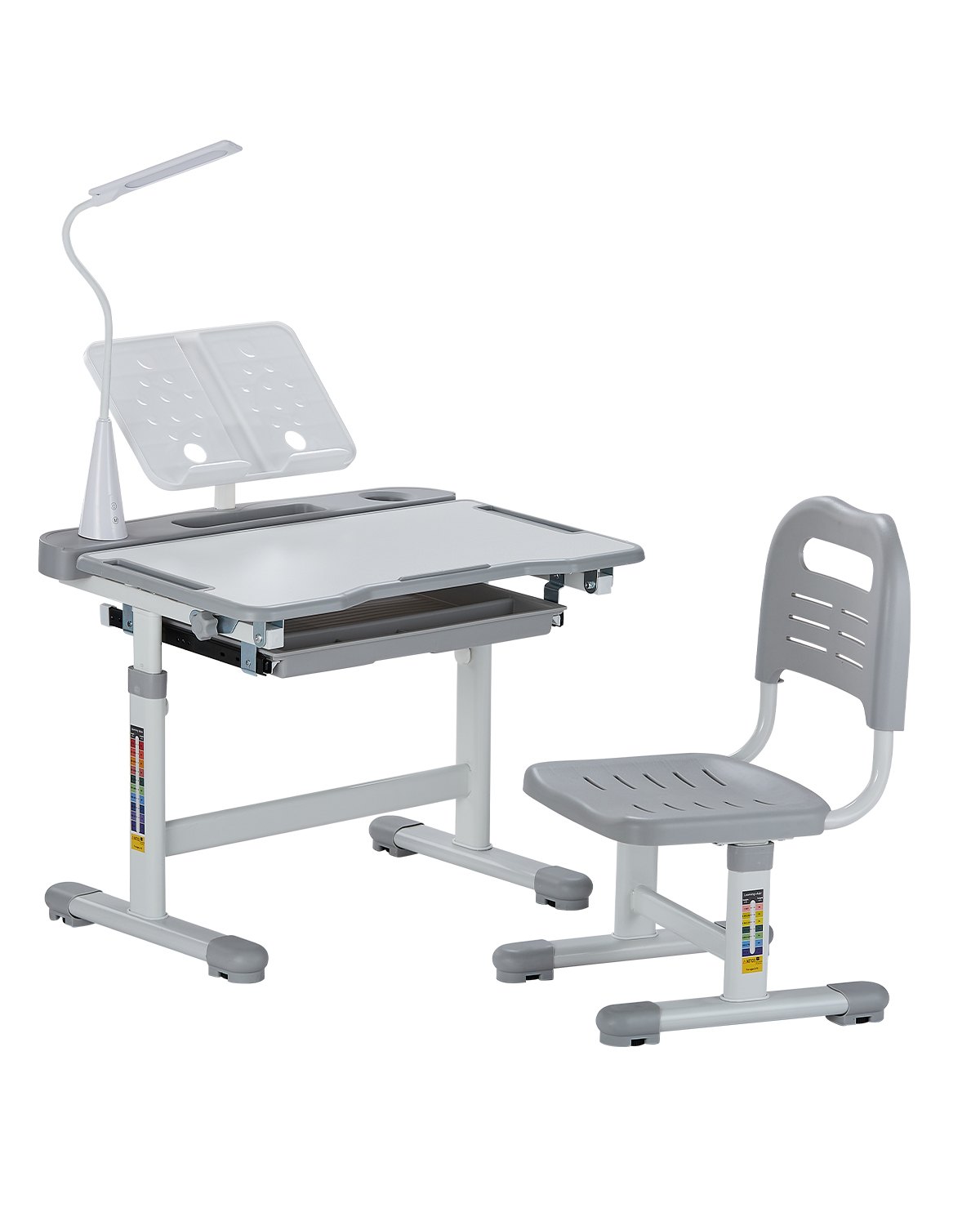 VEVOR Kids Study Chair and Desk Set, Study Desk and Chair for Kids with Table Lamp, Adjustable Height & 0-40° Tilted Desktop Kids Desk and Chair, Children Study Table for Bedroom & Study Room, Grey
