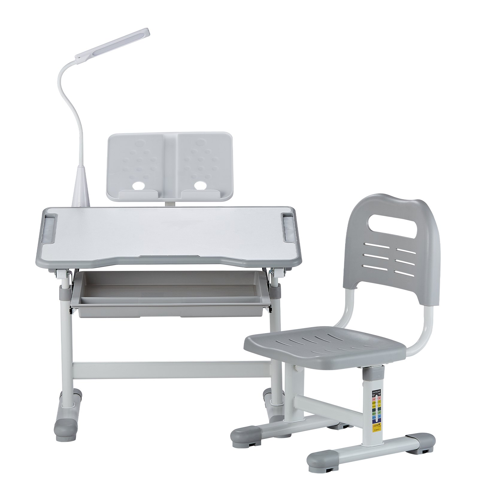 VEVOR Kids Study Chair and Desk Set, Study Desk and Chair for Kids with Table Lamp, Adjustable Height & 0-40° Tilted Desktop Kids Desk and Chair, Children Study Table for Bedroom & Study Room, Grey
