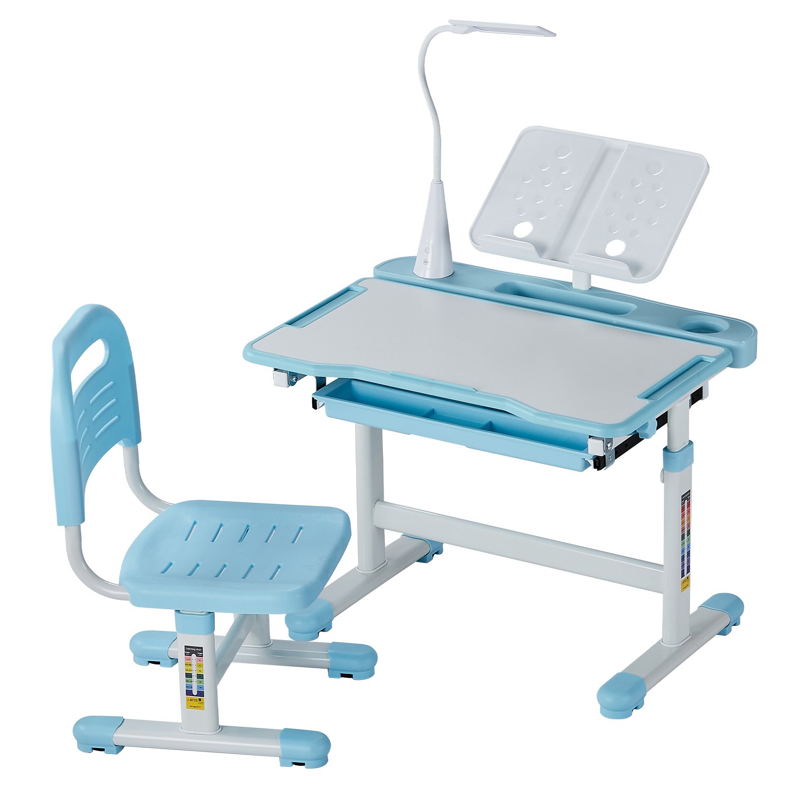 VEVOR Kids Study Chair and Desk Set, Study Desk and Chair for Kids with Table Lamp, Adjustable Height & 0-40° Tilted Desktop Kids Desk and Chair, Children Study Table for Bedroom & Study Room, Blue