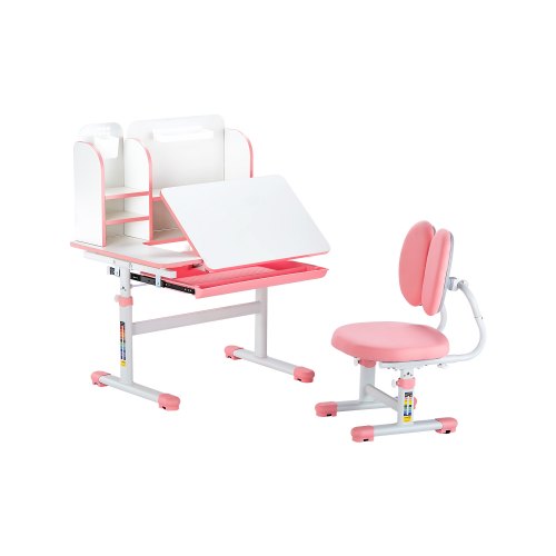 VEVOR Kids Desk and Chair Set, Study Desk and Chair for Kids with Bookshelf & Storage Drawer, Adjustable Height & 0-40° Tilted Desktop Desk and Chair, Study Table for Bedroom & Study Room, Pink