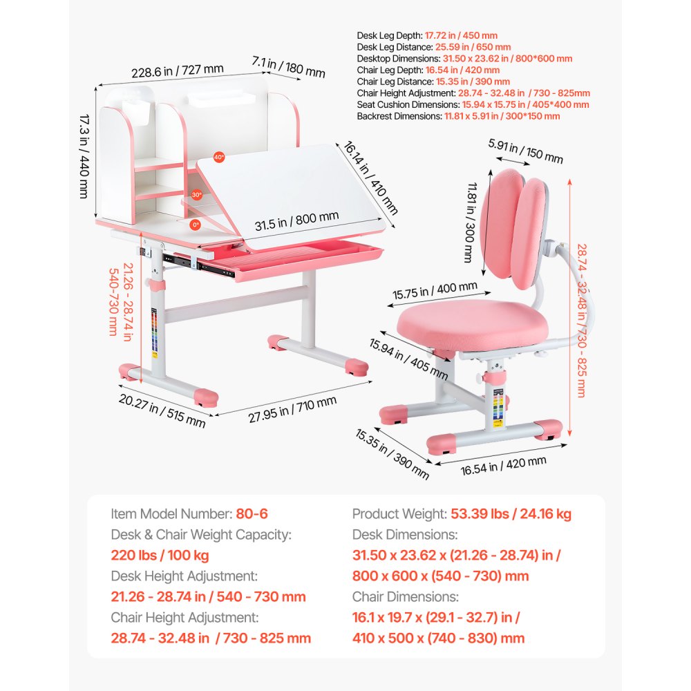 VEVOR Kids Study Chair and Desk Set, Study Desk and Chair for Kids with Bookshelf & Storage Drawer, Adjustable Height & 0-40° Tilted Desktop Desk and Chair, Study Table for Bedroom & Study Room, Pink
