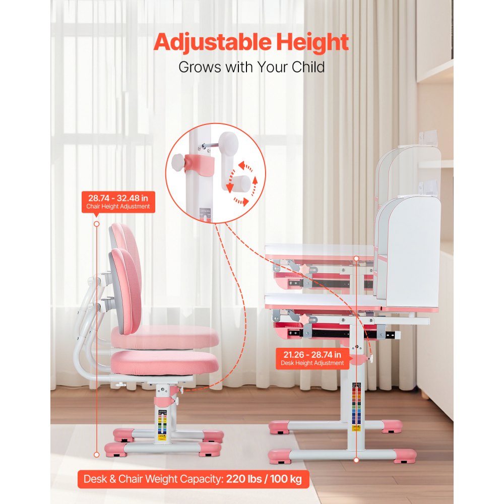 VEVOR Kids Study Chair and Desk Set, Study Desk and Chair for Kids with Bookshelf & Storage Drawer, Adjustable Height & 0-40° Tilted Desktop Desk and Chair, Study Table for Bedroom & Study Room, Pink