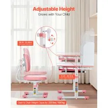 VEVOR Kids Desk and Chair Set, Study Desk and Chair for Kids with Bookshelf & Storage Drawer, Adjustable Height & 0-40° Tilted Desktop Desk and Chair, Study Table for Bedroom & Study Room, Pink