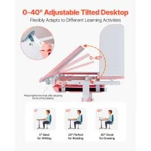 VEVOR Kids Desk and Chair Set, Study Desk and Chair for Kids with Bookshelf & Storage Drawer, Adjustable Height & 0-40° Tilted Desktop Desk and Chair, Study Table for Bedroom & Study Room, Pink