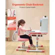 VEVOR Kids Desk and Chair Set, Study Desk and Chair for Kids with Bookshelf & Storage Drawer, Adjustable Height & 0-40° Tilted Desktop Desk and Chair, Study Table for Bedroom & Study Room, Pink
