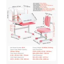 VEVOR Kids Desk and Chair Set, Study Desk and Chair for Kids with Bookshelf & Storage Drawer, Adjustable Height & 0-40° Tilted Desktop Desk and Chair, Study Table for Bedroom & Study Room, Pink