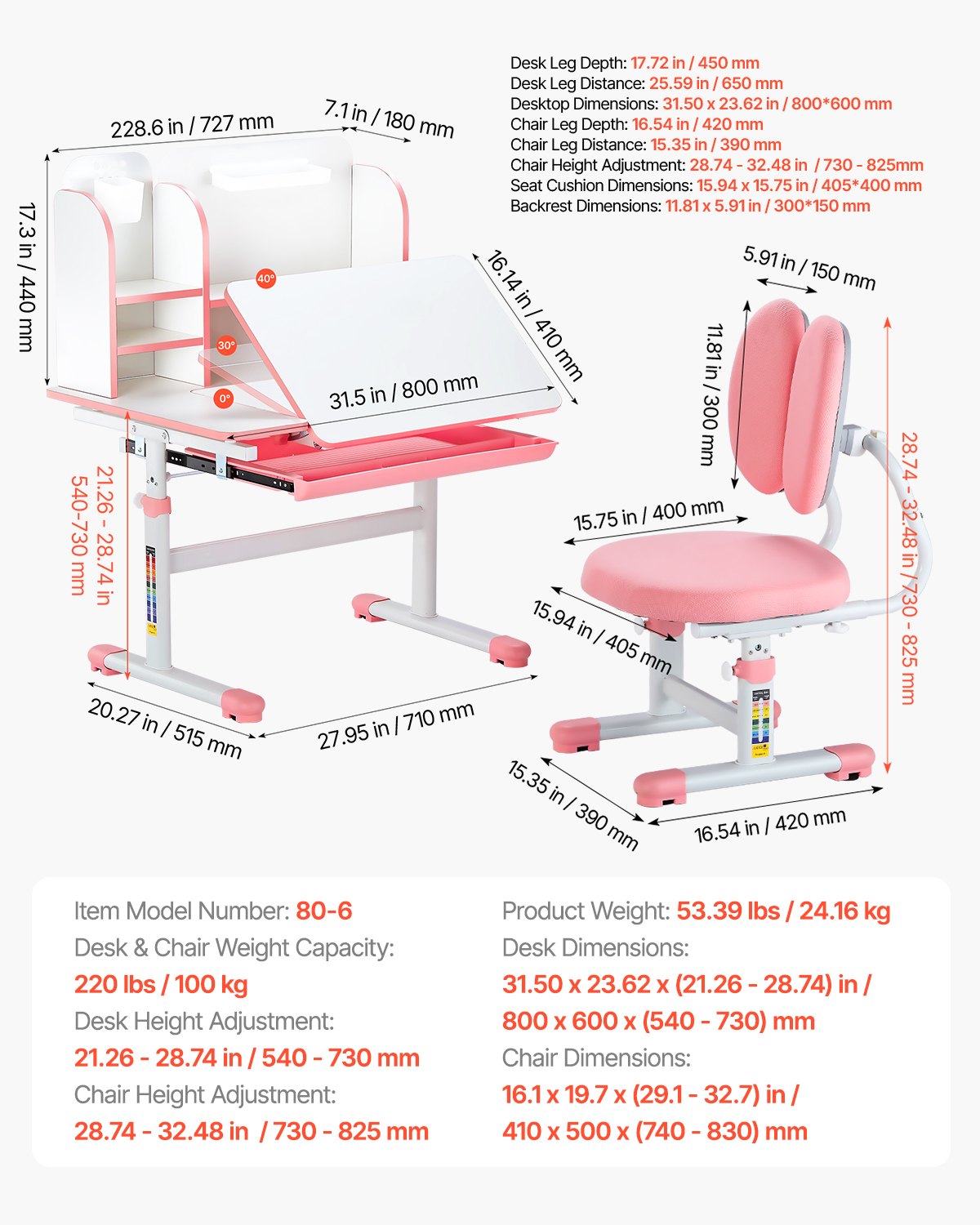 VEVOR Kids Study Chair and Desk Set, Study Desk and Chair for Kids with Bookshelf & Storage Drawer, Adjustable Height & 0-40° Tilted Desktop Desk and Chair, Study Table for Bedroom & Study Room, Pink