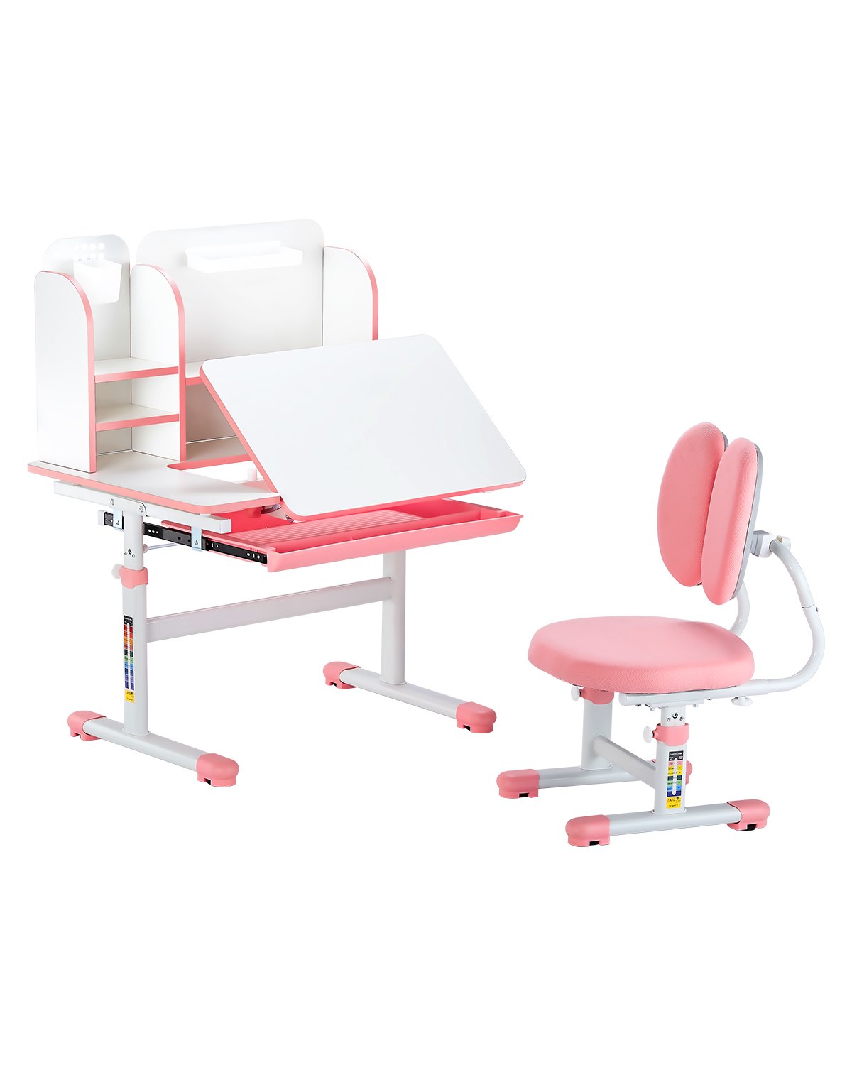 VEVOR Kids Study Chair and Desk Set, Study Desk and Chair for Kids with Bookshelf & Storage Drawer, Adjustable Height & 0-40° Tilted Desktop Desk and Chair, Study Table for Bedroom & Study Room, Pink