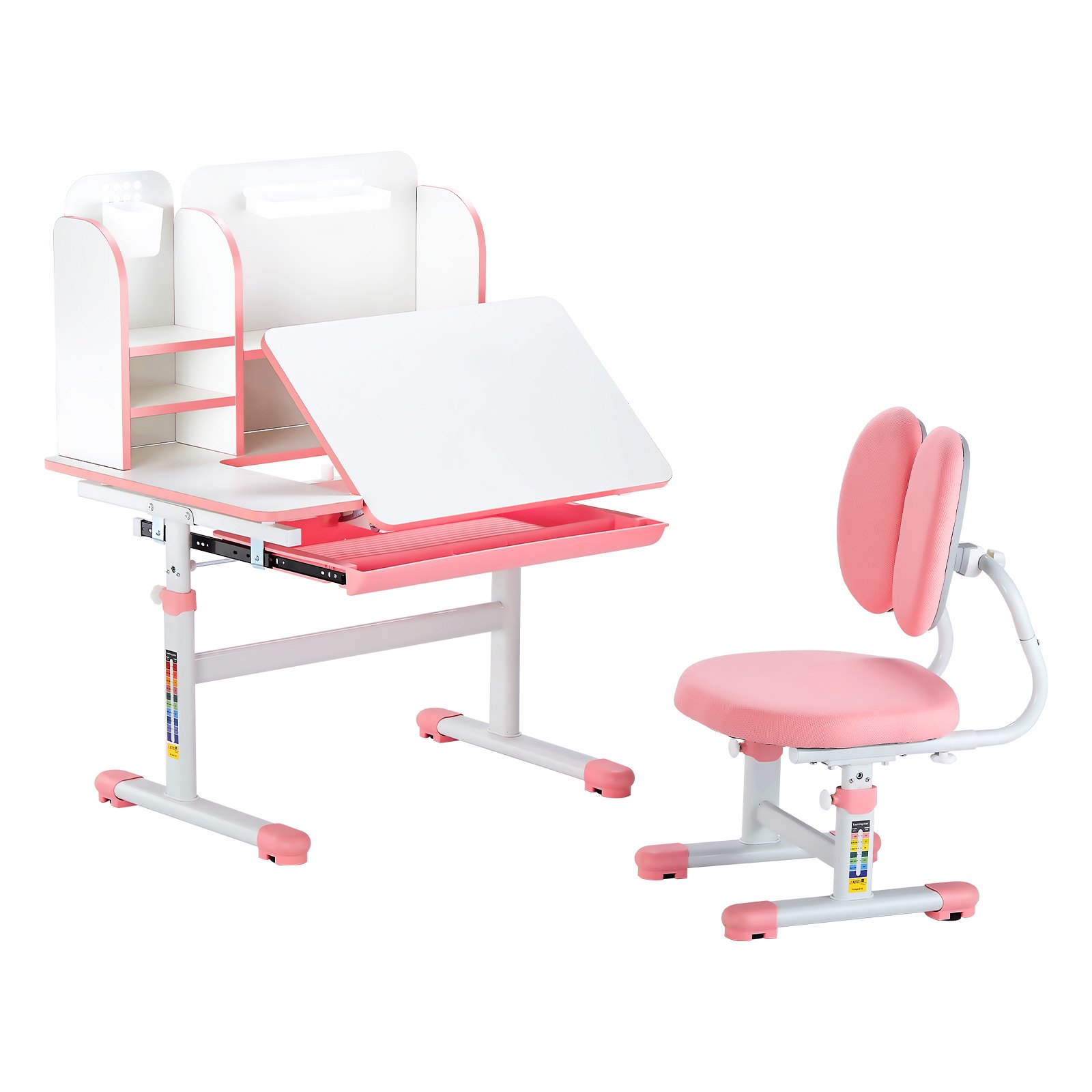 VEVOR Kids Study Chair and Desk Set, Study Desk and Chair for Kids with Bookshelf & Storage Drawer, Adjustable Height & 0-40° Tilted Desktop Desk and Chair, Study Table for Bedroom & Study Room, Pink
