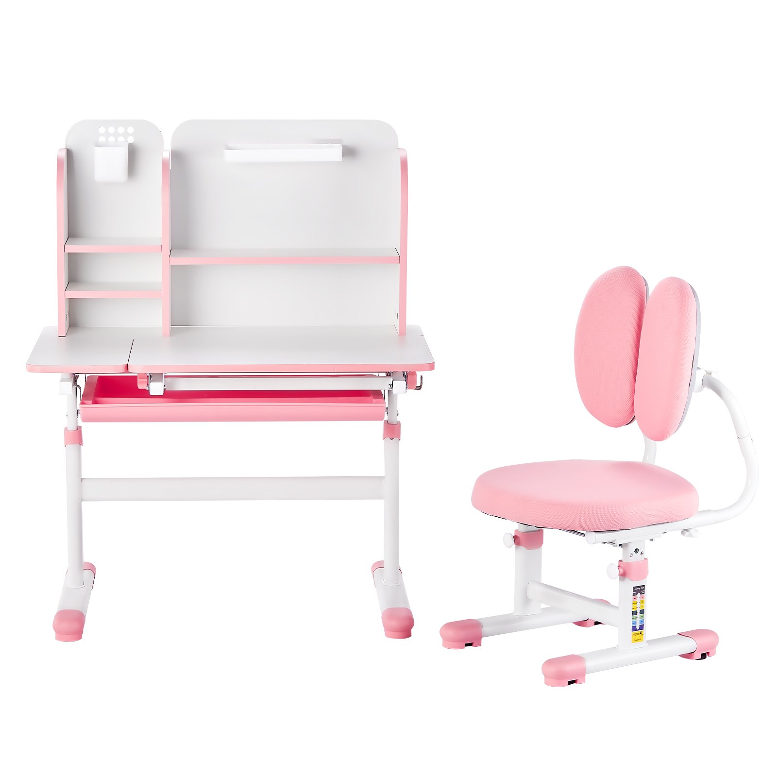 VEVOR Kids Study Chair and Desk Set, Study Desk and Chair for Kids with Bookshelf & Storage Drawer, Adjustable Height & 0-40° Tilted Desktop Desk and Chair, Study Table for Bedroom & Study Room, Pink