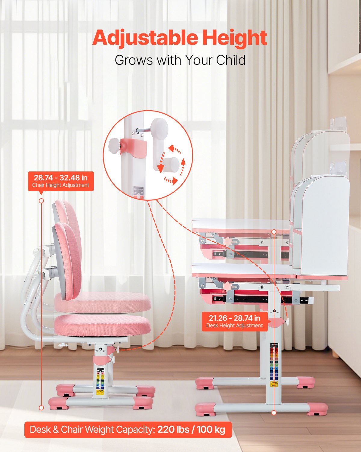 VEVOR Kids Study Chair and Desk Set, Study Desk and Chair for Kids with Bookshelf & Storage Drawer, Adjustable Height & 0-40° Tilted Desktop Desk and Chair, Study Table for Bedroom & Study Room, Pink