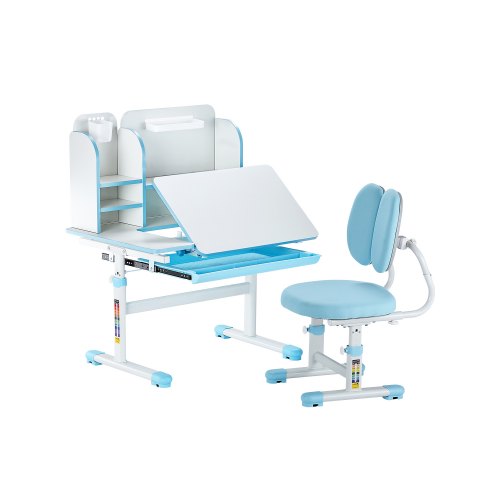 VEVOR Kids Study Chair and Desk Set, Study Desk and Chair for Kids with Bookshelf & Storage Drawer, Adjustable Height & 0-40° Tilted Desktop Desk and Chair, Study Table for Bedroom & Study Room, Blue