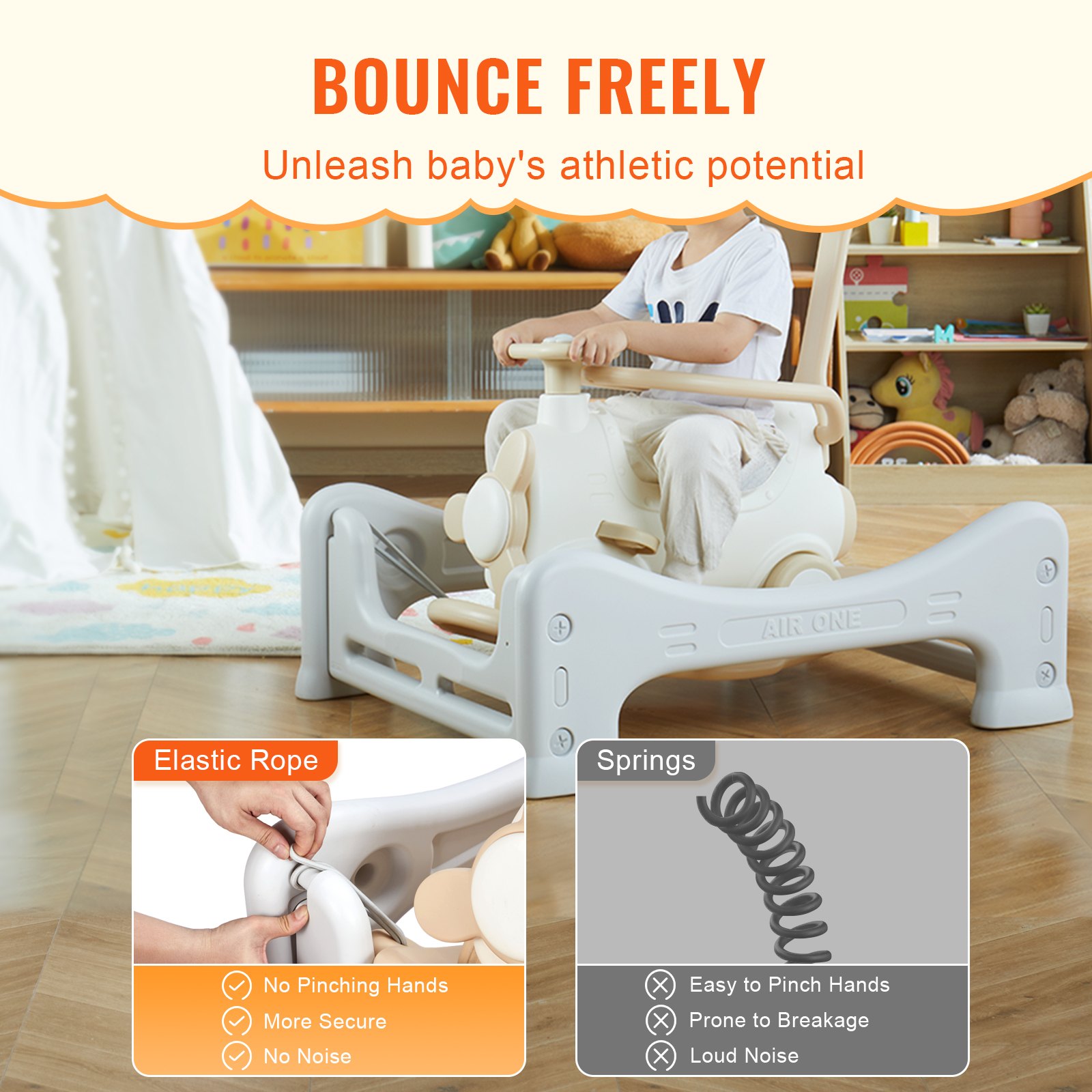 VEVOR 5 in 1 Rocking Horse for Toddlers 1-3 Years, Baby Rocking Horse with Trampoline, Detachable Balance Board, Push Handle and 4 Smooth Wheels, Support to 80 lbs/36.3 kg Kids Ride on Toy, White