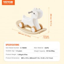 VEVOR 3 in 1 Rocking Horse for Toddlers 1-3 Years, Baby Rocking Horse with Detachable Balance Board and 4 Smooth Wheels, Support up to 80 lbs HDPE Material Kids Ride on Toy, 40° Swinging, White
