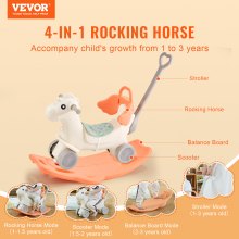 VEVOR 4 in 1 Rocking Horse for Toddlers 1-3 Years, Baby Rocking Horse with Detachable Balance Board, Push Handle and 4 Smooth Wheels, Support up to 80 lbs HDPE Kids Ride on Toy with Sound, Orange