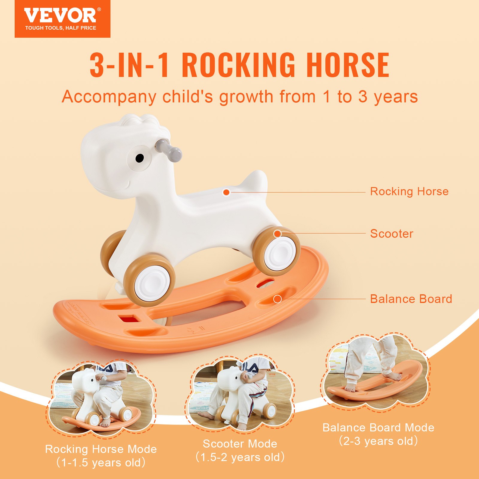 VEVOR Toddler Rocking Horse 3-in-1, Convertible to Balance Board, Equipped with 4 Gentle Wheels, Durable HDPE, Supports Children up to 80 lbs, 40° Swing Range, in Vibrant Red