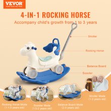 VEVOR Cheval à bascule 4 en 1 pour les tout-petits de 1 à 3 ans, cheval à bascule avec planche d'équilibre amovible, poignée de poussée et 4 roues lisses, supporte jusqu'à 80 lb en PEHD, jouet pour enfants avec son, bleu