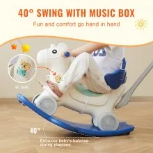 VEVOR Caballo balancín 4 en 1 para niños de 1 a 3 años, caballo balancín para bebé con tabla de equilibrio desmontable, manija de empuje y 4 ruedas lisas, soporta hasta HDPE 80 lbs, juguete para niños con sonido, azul
