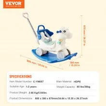 VEVOR Caballo balancín 4 en 1 para niños de 1 a 3 años, caballo balancín para bebé con tabla de equilibrio desmontable, manija de empuje y 4 ruedas lisas, soporta hasta HDPE 80 lbs, juguete para niños con sonido, azul
