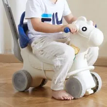 VEVOR Caballo balancín 4 en 1 para niños de 1 a 3 años, caballo balancín para bebé con tabla de equilibrio desmontable, manija de empuje y 4 ruedas lisas, soporta hasta HDPE 80 lbs, juguete para niños con sonido, azul