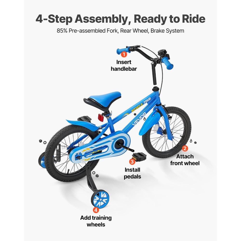 VEVOR Kids Bike, 356 mm BMX Style Children Bicycle, Rider Height 2.95 ft - 3.77 ft, Training Wheels Included, Sturdy and Easy to Assemble, Toddler Bike for Boys & Girls Learning to Ride, Blue
