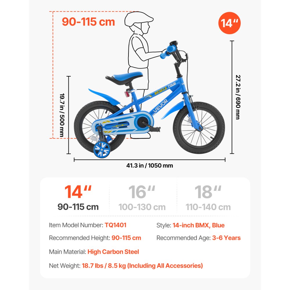 VEVOR Kids Bike, 356 mm BMX Style Children Bicycle, Rider Height 2.95 ft - 3.77 ft, Training Wheels Included, Sturdy and Easy to Assemble, Toddler Bike for Boys & Girls Learning to Ride, Blue