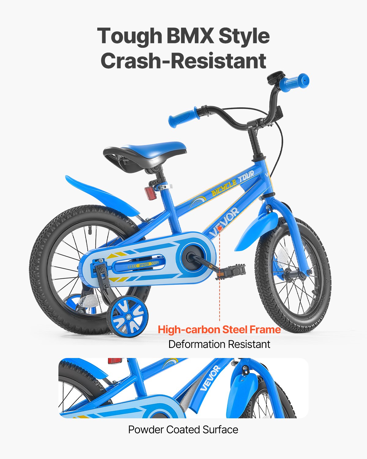 VEVOR Kids Bike, 356 mm BMX Style Children Bicycle, Rider Height 2.95 ft - 3.77 ft, Training Wheels Included, Sturdy and Easy to Assemble, Toddler Bike for Boys & Girls Learning to Ride, Blue