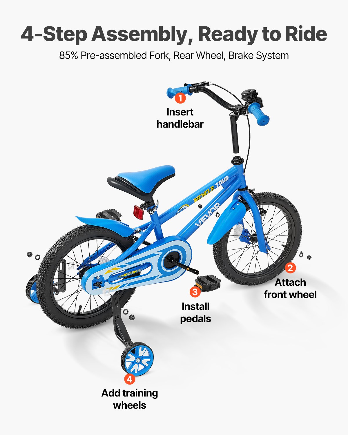 VEVOR Kids Bike, 356 mm BMX Style Children Bicycle, Rider Height 2.95 ft - 3.77 ft, Training Wheels Included, Sturdy and Easy to Assemble, Toddler Bike for Boys & Girls Learning to Ride, Blue