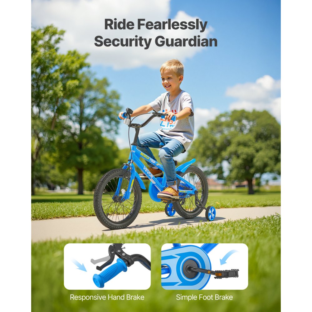 VEVOR Kids Bike, 16 Inches BMX Style Children Bicycle, Rider Height 3.28 ft - 4.27 ft, Training Wheels Included, Sturdy and Easy to Assemble, Toddler Bike for Boys & Girls Learning to Ride, Blue