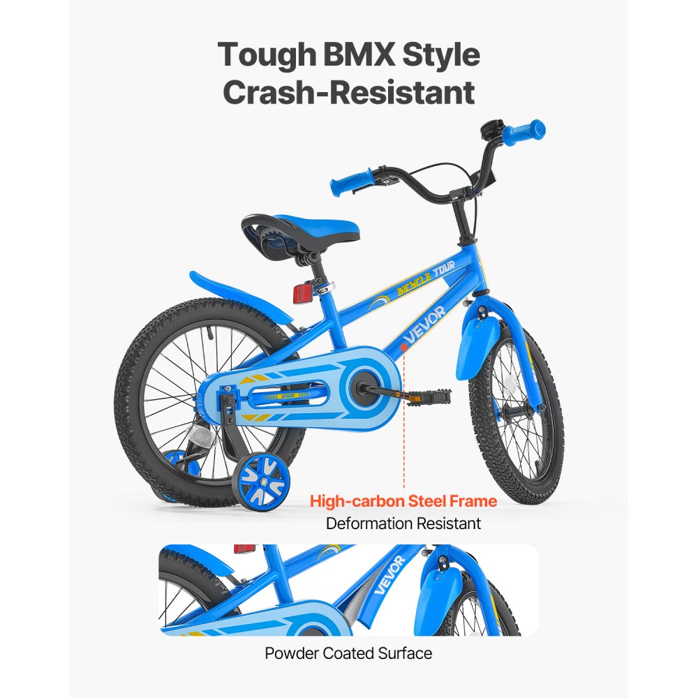 VEVOR Kids Bike, 406 mm BMX Style Children Bicycle, Rider Height 3.28 ft - 4.27 ft, Training Wheels Included, Sturdy and Easy to Assemble, Toddler Bike for Boys & Girls Learning to Ride, Blue