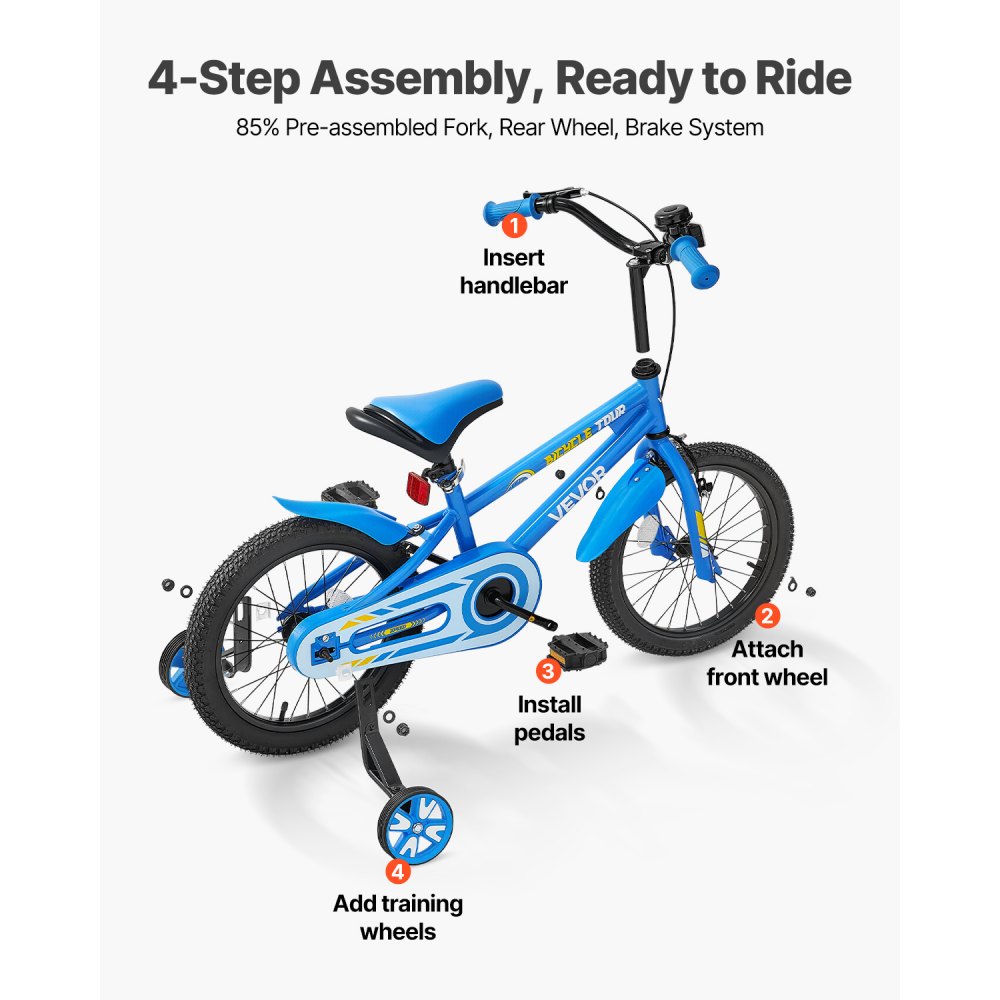 VEVOR Kids Bike, 406 mm BMX Style Children Bicycle, Rider Height 3.28 ft - 4.27 ft, Training Wheels Included, Sturdy and Easy to Assemble, Toddler Bike for Boys & Girls Learning to Ride, Blue