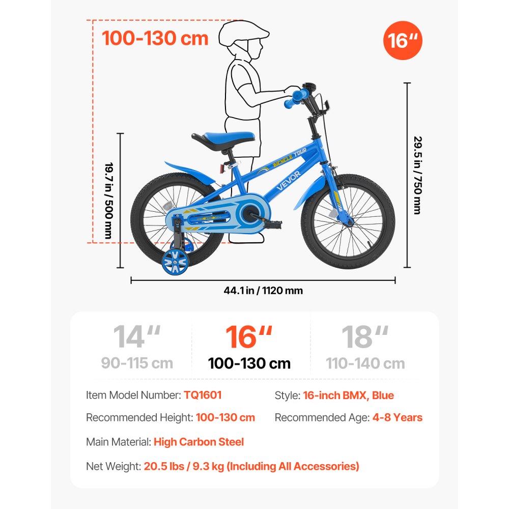 VEVOR Kids Bike, 406 mm BMX Style Children Bicycle, Rider Height 3.28 ft - 4.27 ft, Training Wheels Included, Sturdy and Easy to Assemble, Toddler Bike for Boys & Girls Learning to Ride, Blue