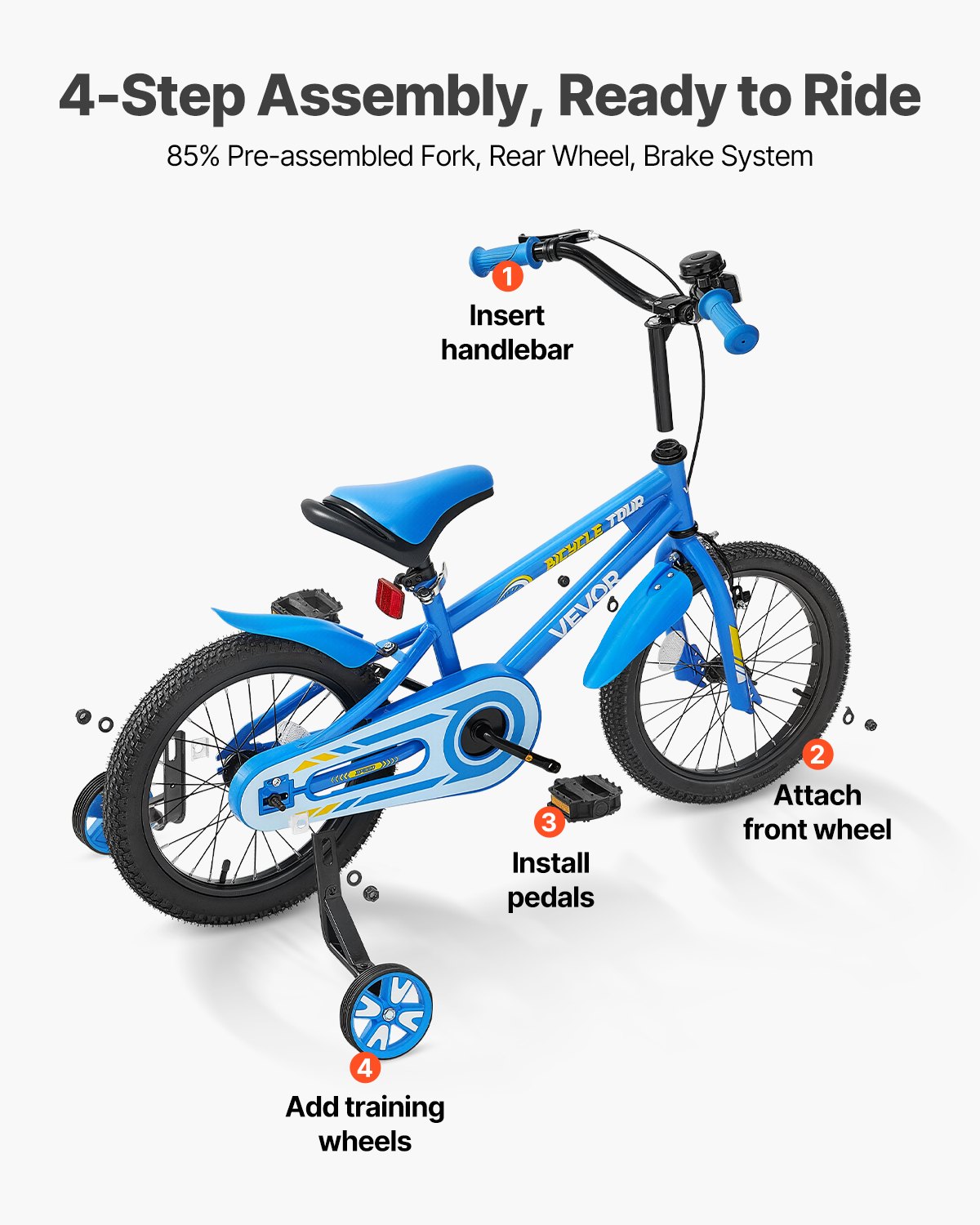 VEVOR Kids Bike, 406 mm BMX Style Children Bicycle, Rider Height 3.28 ft - 4.27 ft, Training Wheels Included, Sturdy and Easy to Assemble, Toddler Bike for Boys & Girls Learning to Ride, Blue