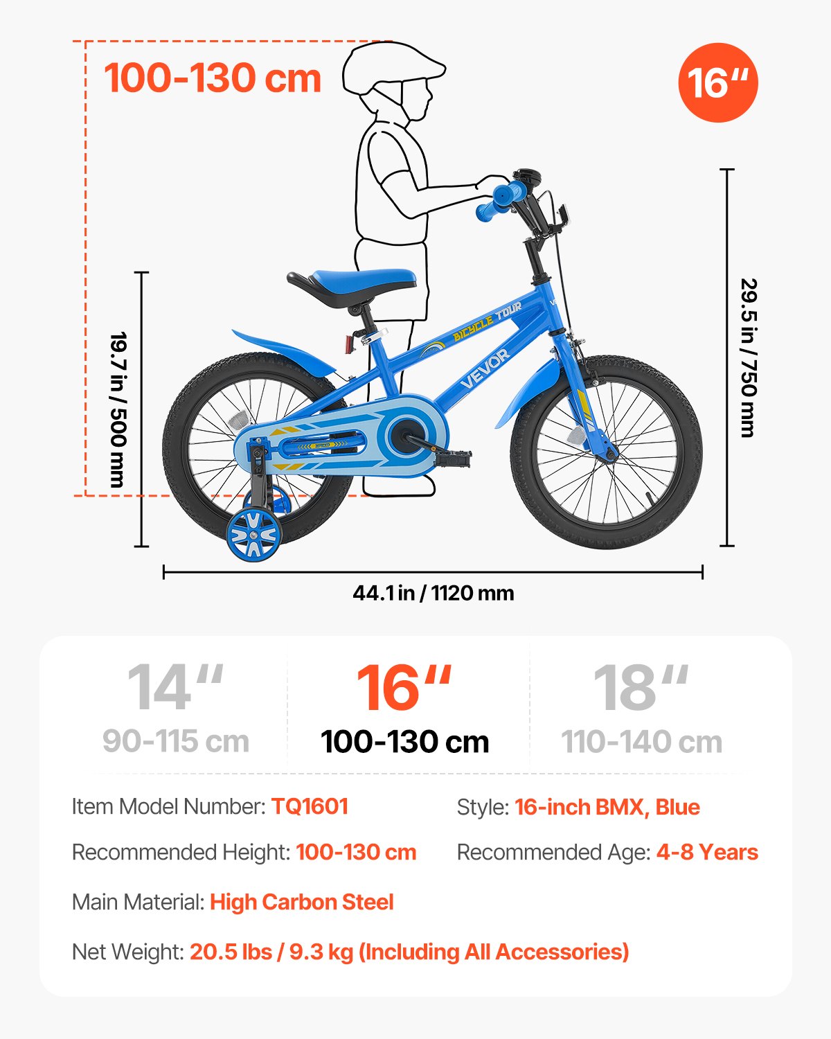VEVOR Kids Bike, 406 mm BMX Style Children Bicycle, Rider Height 3.28 ft - 4.27 ft, Training Wheels Included, Sturdy and Easy to Assemble, Toddler Bike for Boys & Girls Learning to Ride, Blue