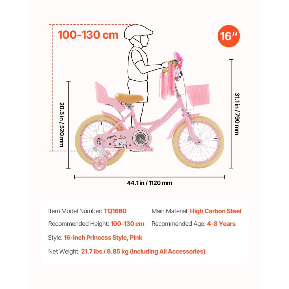 VEVOR Kids Bike, 16 Inches Princess Style Children Bicycle with Streamers & Basket, Rider Height 3.28 ft - 4.27 ft, Doll Seat & Training Wheels Included, Toddler Bike for Girls Learning to Ride, Pink