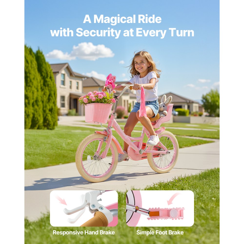 VEVOR Kids Bike, 406 mm Princess Style Children Bicycle with Streamers & Basket, Rider Height 3.28 ft - 4.27 ft, Doll Seat & Training Wheels Included, Toddler Bike for Girls Learning to Ride, Pink