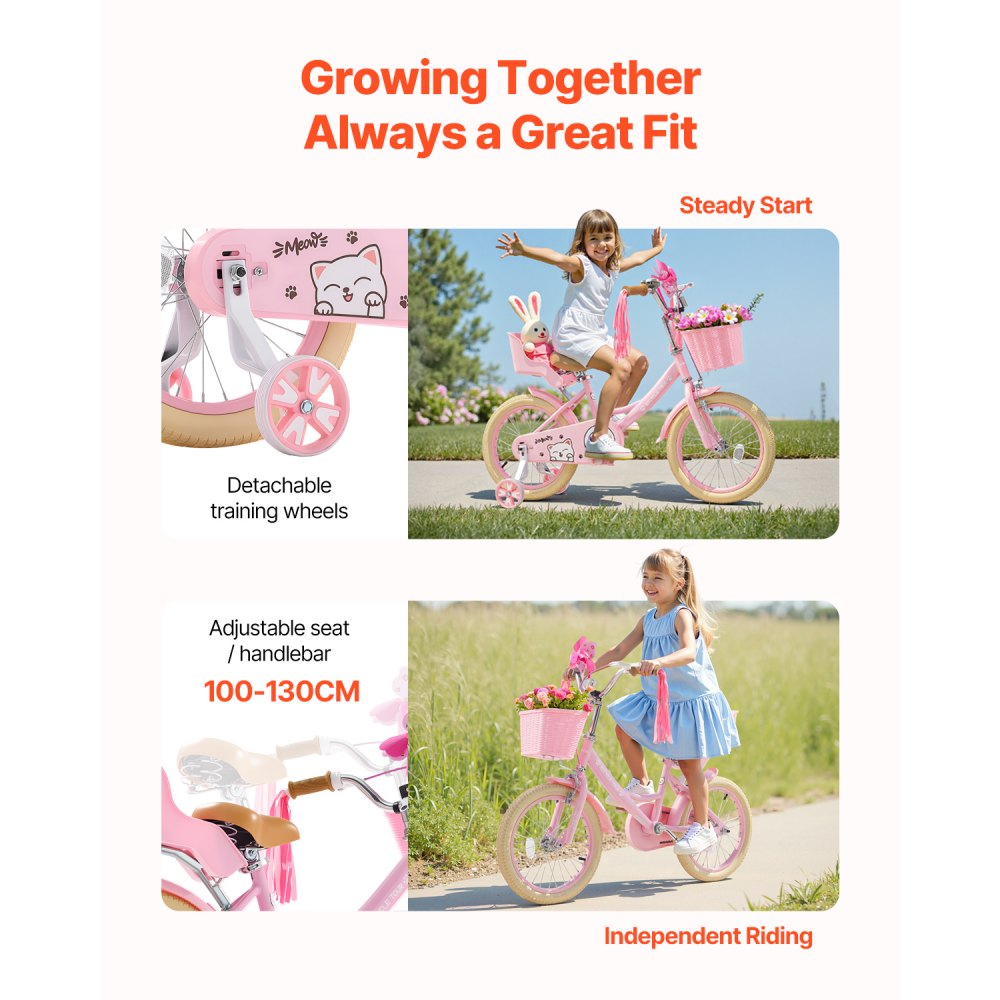 VEVOR Kids Bike, 406 mm Princess Style Children Bicycle with Streamers & Basket, Rider Height 3.28 ft - 4.27 ft, Doll Seat & Training Wheels Included, Toddler Bike for Girls Learning to Ride, Pink