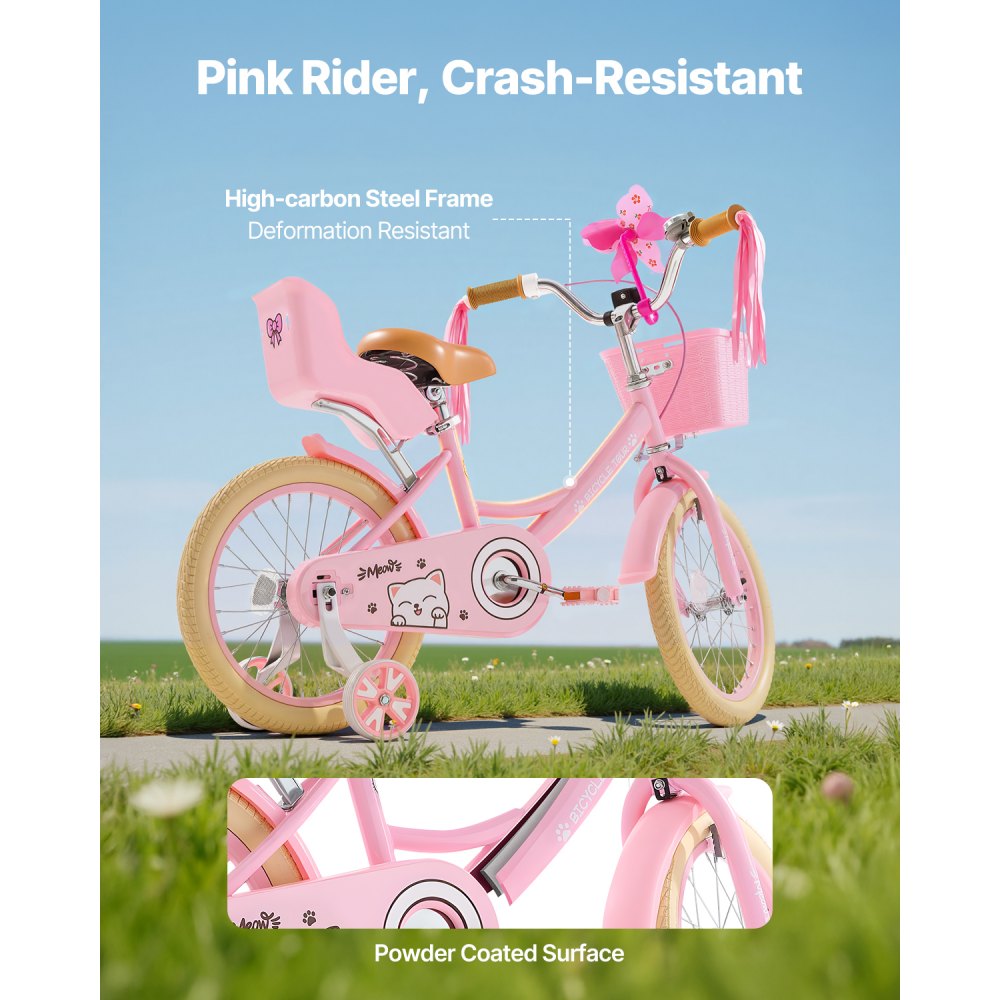 VEVOR Kids Bike, 406 mm Princess Style Children Bicycle with Streamers & Basket, Rider Height 3.28 ft - 4.27 ft, Doll Seat & Training Wheels Included, Toddler Bike for Girls Learning to Ride, Pink