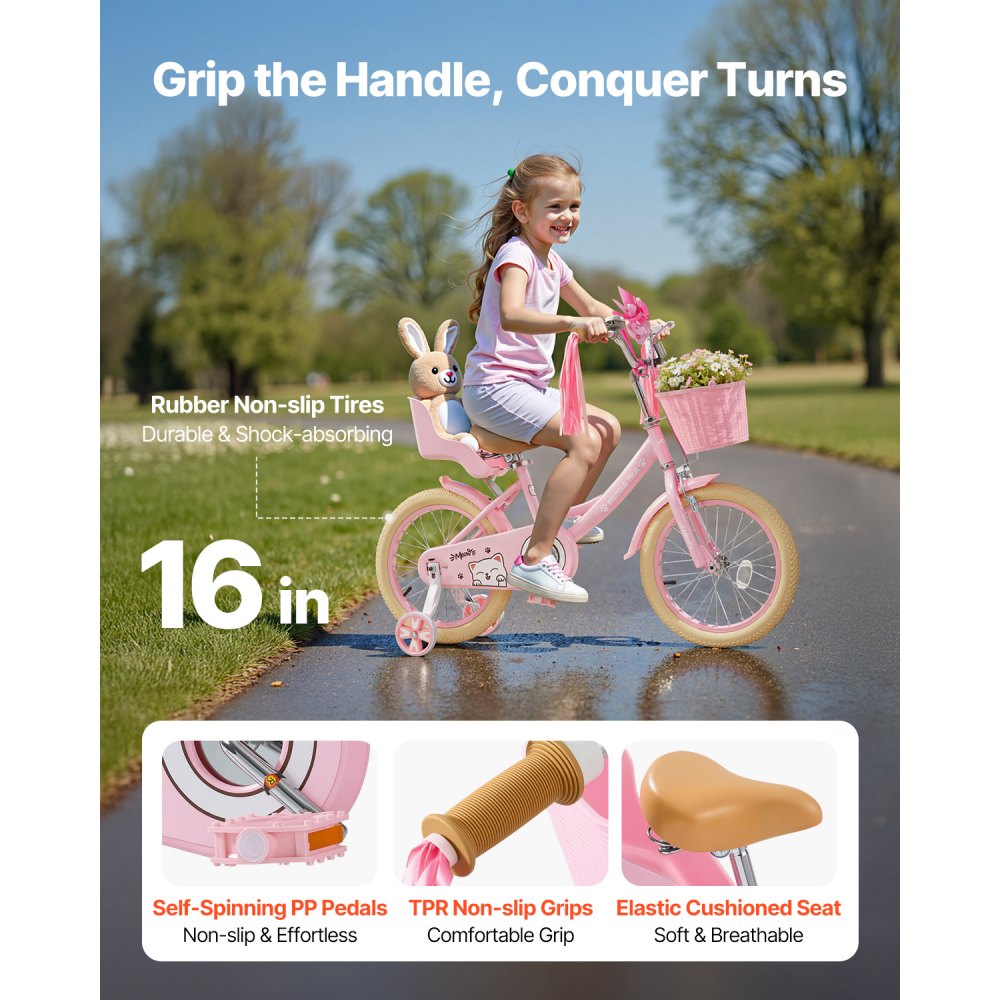 VEVOR Kids Bike, 406 mm Princess Style Children Bicycle with Streamers & Basket, Rider Height 3.28 ft - 4.27 ft, Doll Seat & Training Wheels Included, Toddler Bike for Girls Learning to Ride, Pink