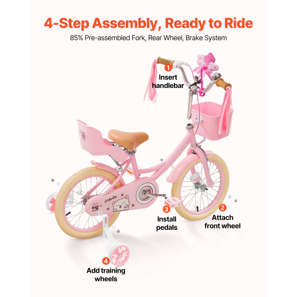 VEVOR Kids Bike, 406 mm Princess Style Children Bicycle with Streamers & Basket, Rider Height 3.28 ft - 4.27 ft, Doll Seat & Training Wheels Included, Toddler Bike for Girls Learning to Ride, Pink