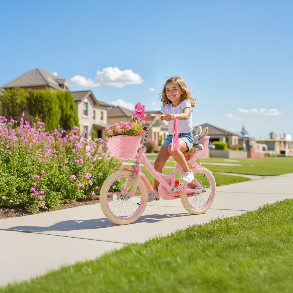 VEVOR Kids Bike, 406 mm Princess Style Children Bicycle with Streamers & Basket, Rider Height 3.28 ft - 4.27 ft, Doll Seat & Training Wheels Included, Toddler Bike for Girls Learning to Ride, Pink