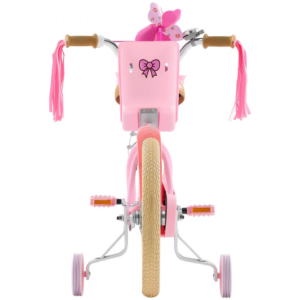 VEVOR Kids Bike, 406 mm Princess Style Children Bicycle with Streamers & Basket, Rider Height 3.28 ft - 4.27 ft, Doll Seat & Training Wheels Included, Toddler Bike for Girls Learning to Ride, Pink