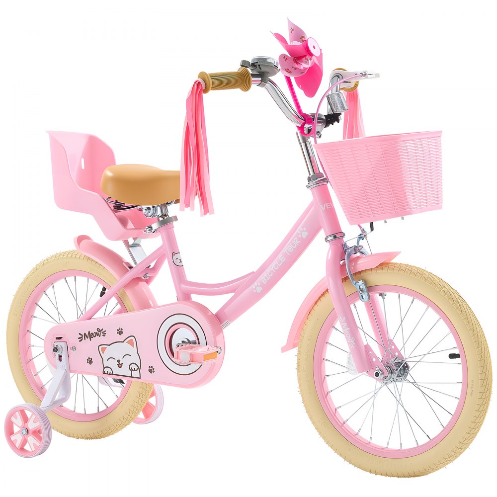 VEVOR Kids Bike, 406 mm Princess Style Children Bicycle with Streamers & Basket, Rider Height 3.28 ft - 4.27 ft, Doll Seat & Training Wheels Included, Toddler Bike for Girls Learning to Ride, Pink