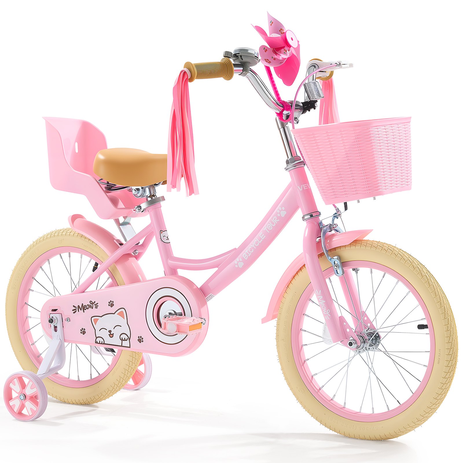VEVOR Kids Bike, 16 Inches Princess Style Children Bicycle with Streamers & Basket, Rider Height 3.28 ft - 4.27 ft, Doll Seat & Training Wheels Included, Toddler Bike for Girls Learning to Ride, Pink