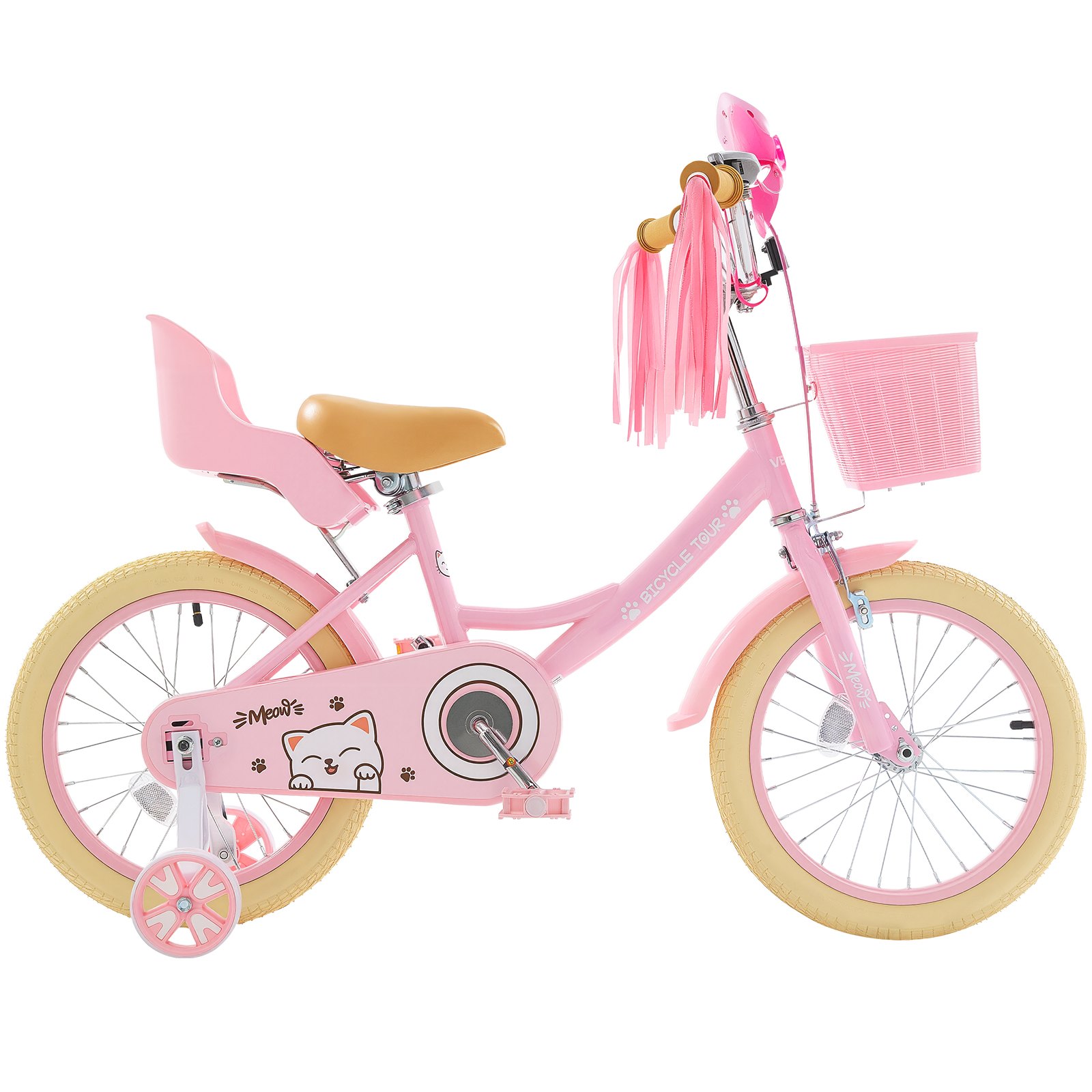 VEVOR Kids Bike, 16 Inches Princess Style Children Bicycle with Streamers & Basket, Rider Height 3.28 ft - 4.27 ft, Doll Seat & Training Wheels Included, Toddler Bike for Girls Learning to Ride, Pink