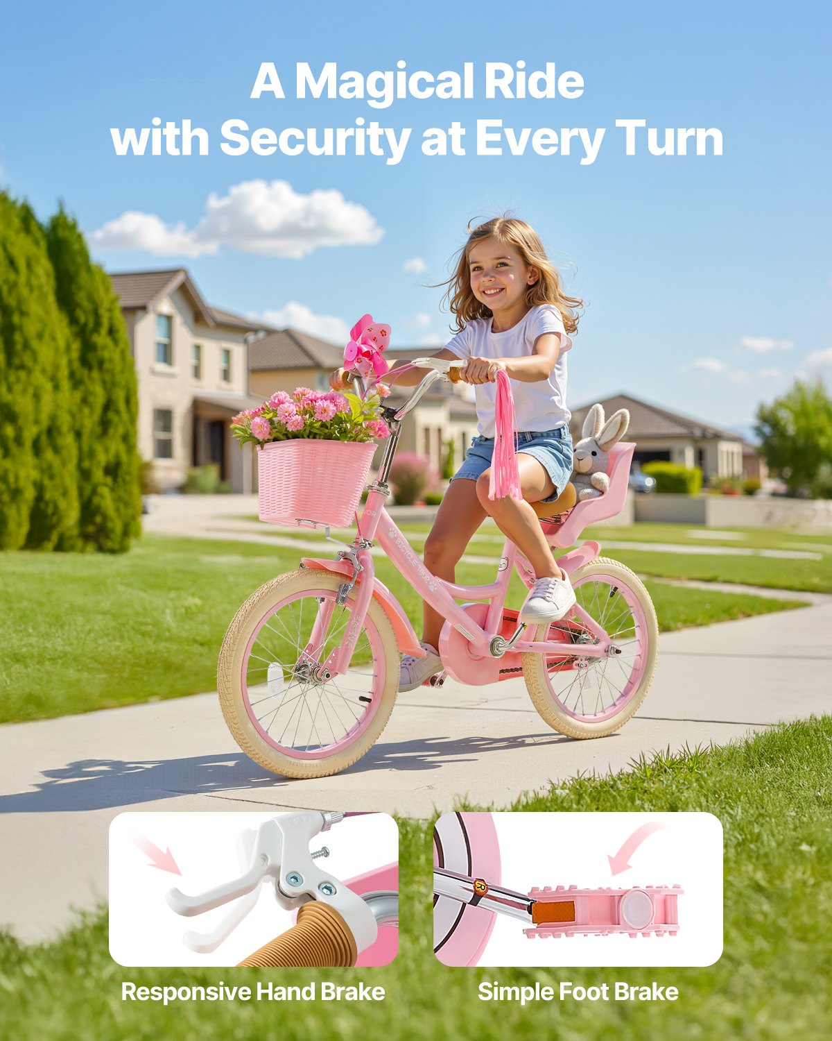 VEVOR Kids Bike, 406 mm Princess Style Children Bicycle with Streamers & Basket, Rider Height 3.28 ft - 4.27 ft, Doll Seat & Training Wheels Included, Toddler Bike for Girls Learning to Ride, Pink