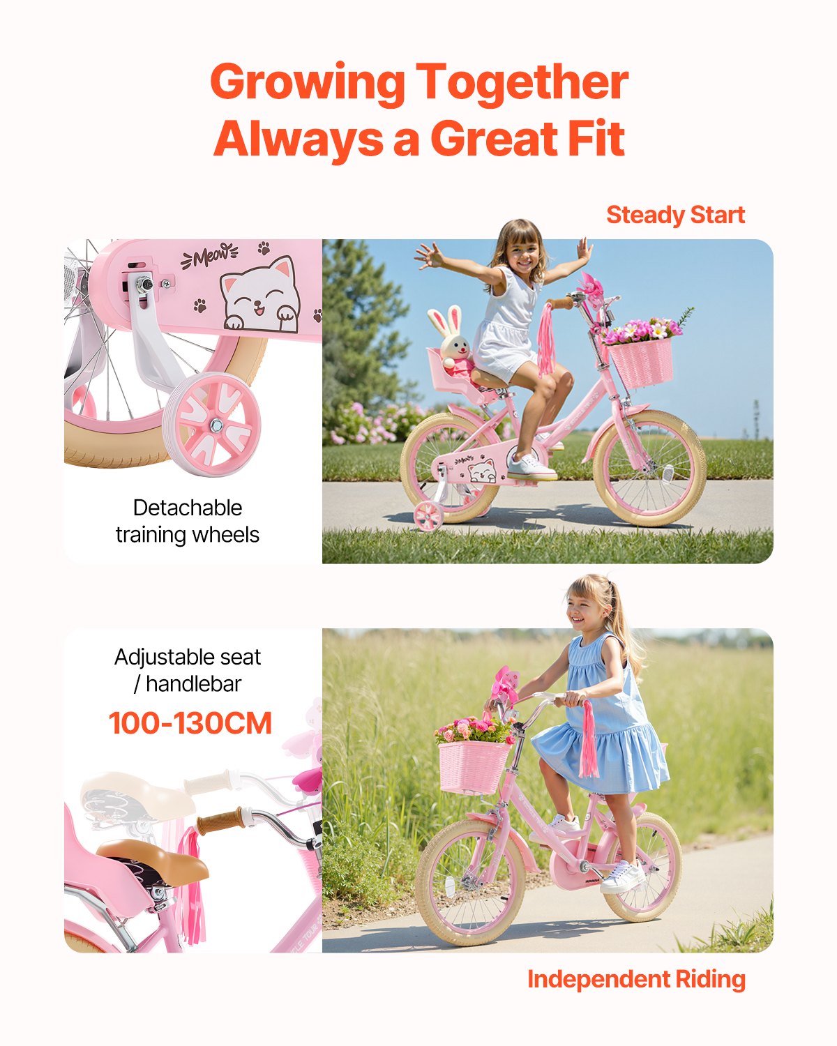 VEVOR Kids Bike, 406 mm Princess Style Children Bicycle with Streamers & Basket, Rider Height 3.28 ft - 4.27 ft, Doll Seat & Training Wheels Included, Toddler Bike for Girls Learning to Ride, Pink