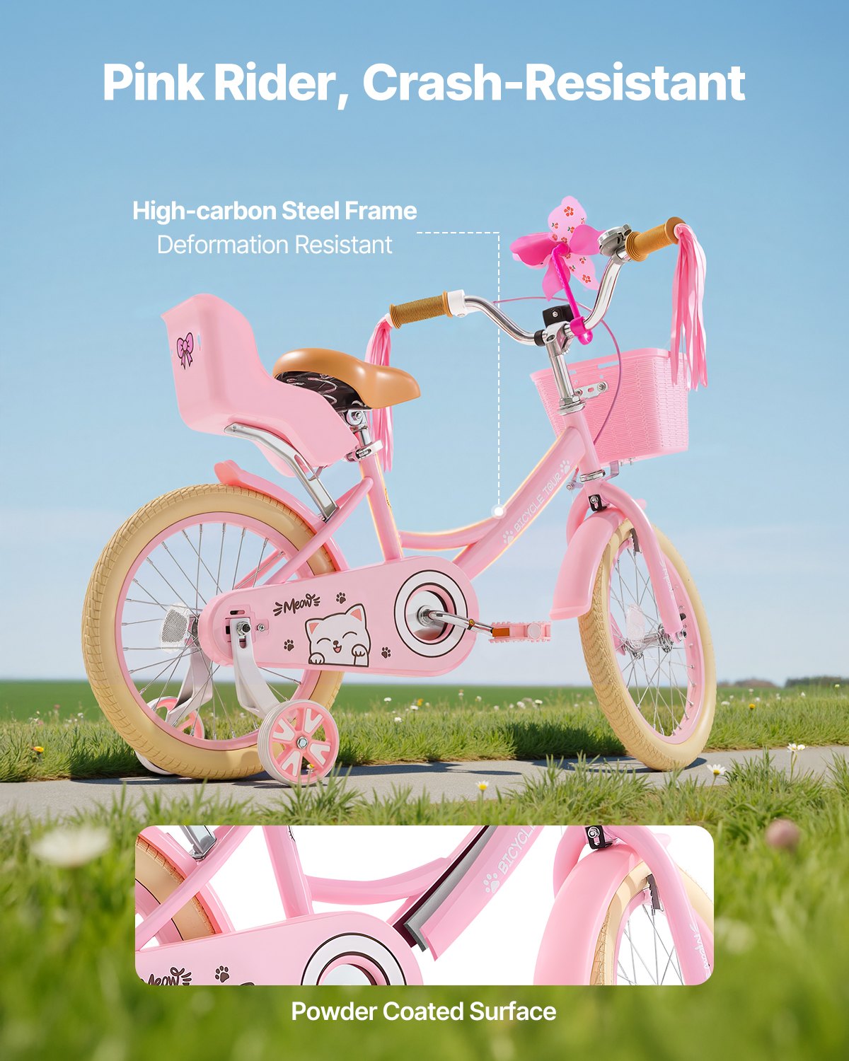 VEVOR Kids Bike, 406 mm Princess Style Children Bicycle with Streamers & Basket, Rider Height 3.28 ft - 4.27 ft, Doll Seat & Training Wheels Included, Toddler Bike for Girls Learning to Ride, Pink